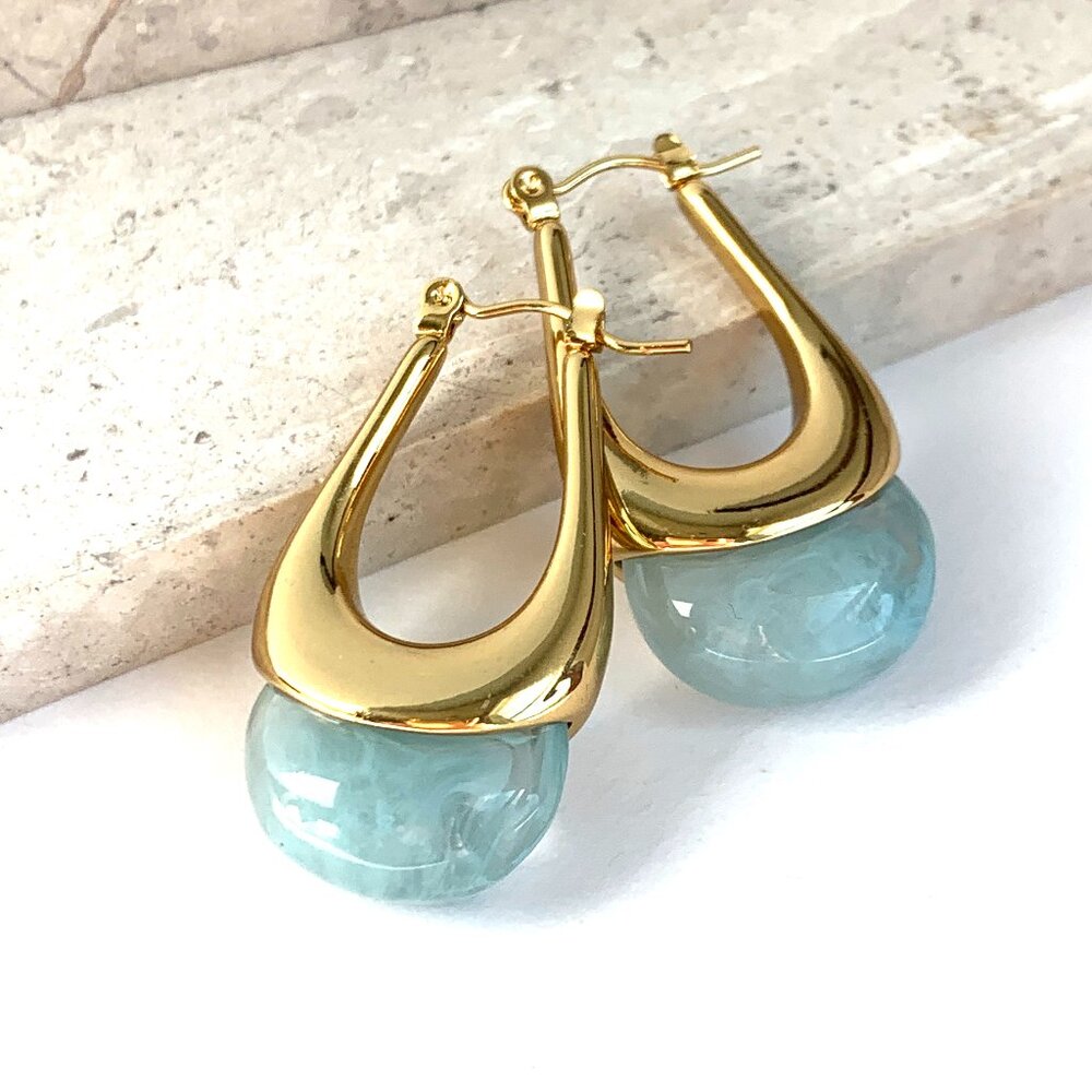 NEW~ Anthropologie Aqua Resin Huggie Hoop Gold Earrings